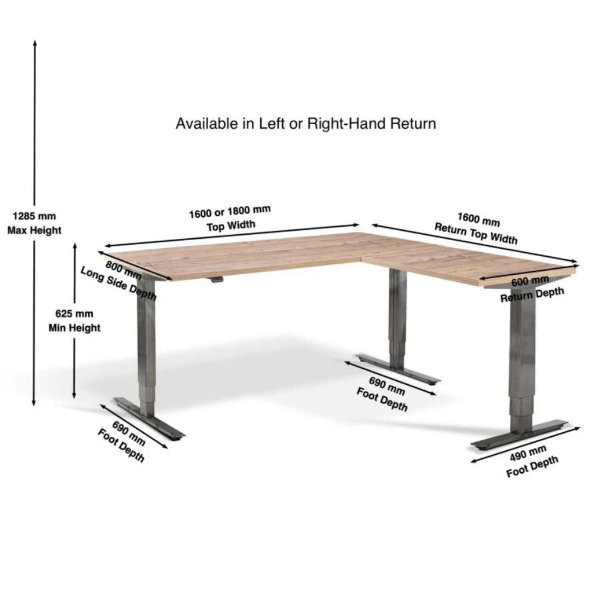 Corner Industrial Style - Sit Stand Desk - Smyth - Dimensions