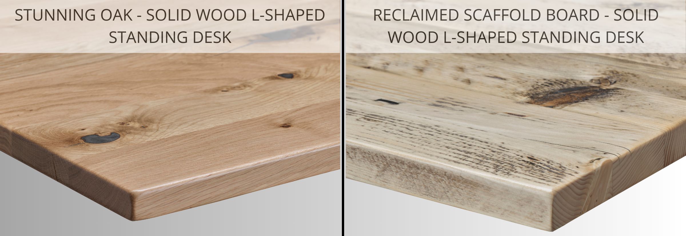 Solid Wood Corner Sit Stand Desk - Solid Oak and Reclaimed Scaffold Board - Banner Image