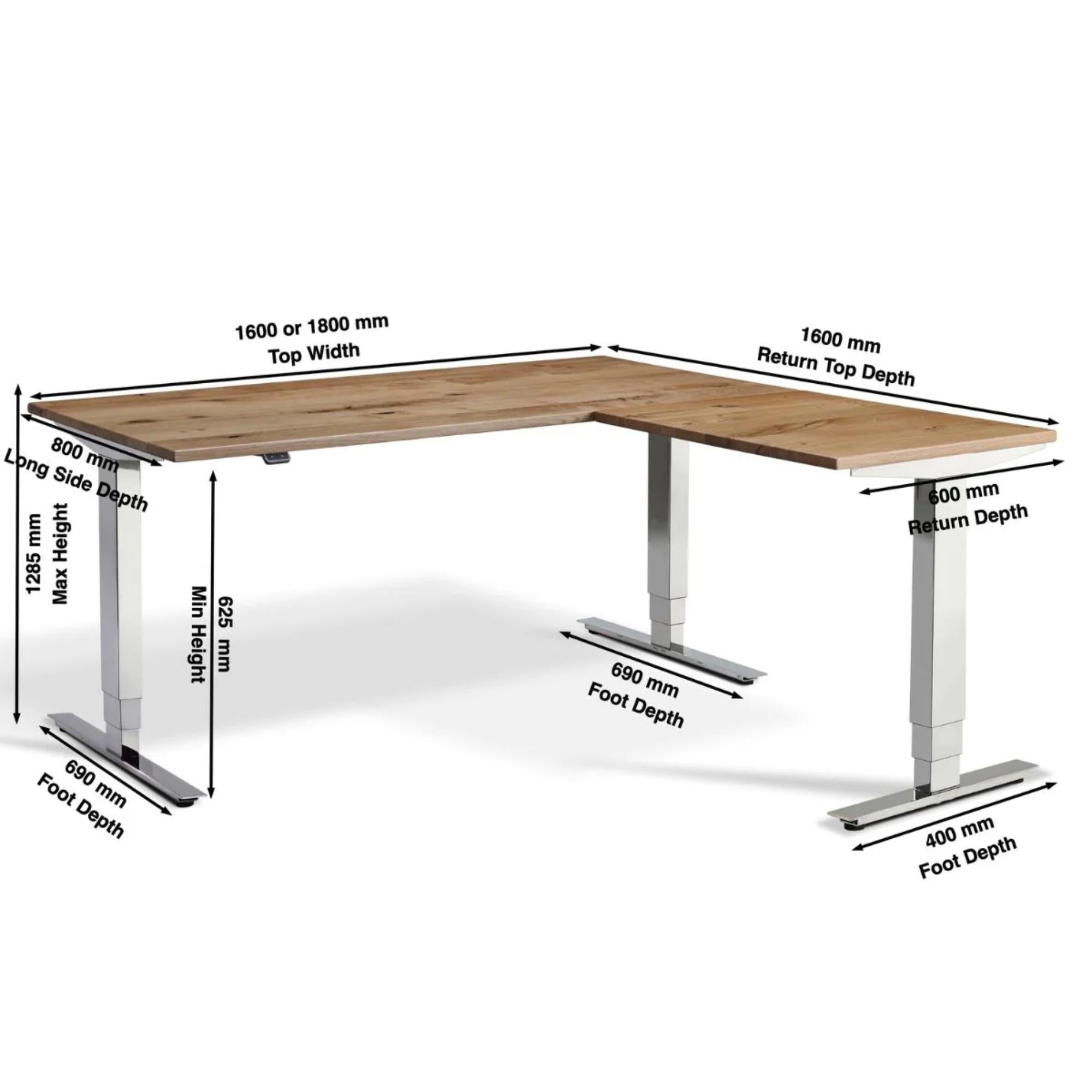 Solid Wood Corner Standing Desk - L-Shape Masta - Dimensions