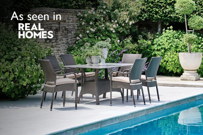 160cmWindsorBronzeRectangularDiningTablewith6StackingArmchairswithRealHomeslogo