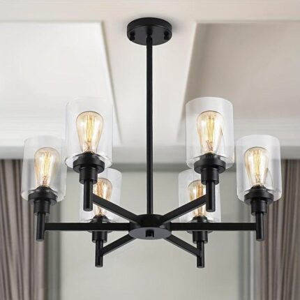 Farmhouse Chandelier with Clear Glass Shades – 6-Light Black Metal Hanging Fixture